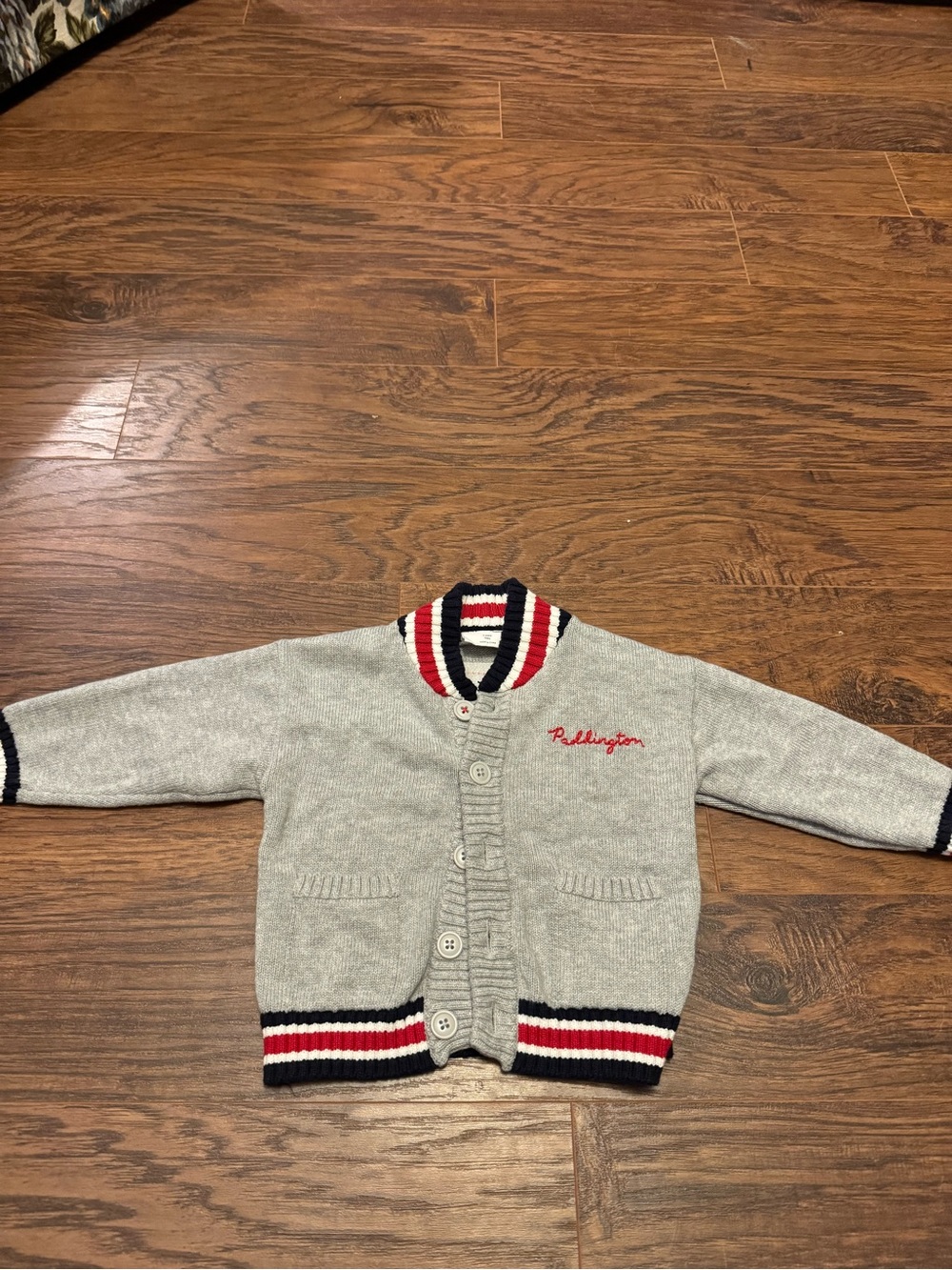 GAP Grey Paddington Cardigan with Red & Navy Trim